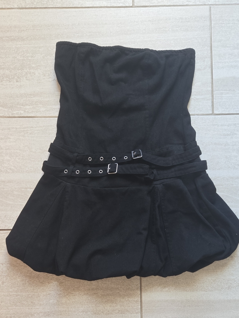 Strapless Black Mini Dress with Double Buckle Waist